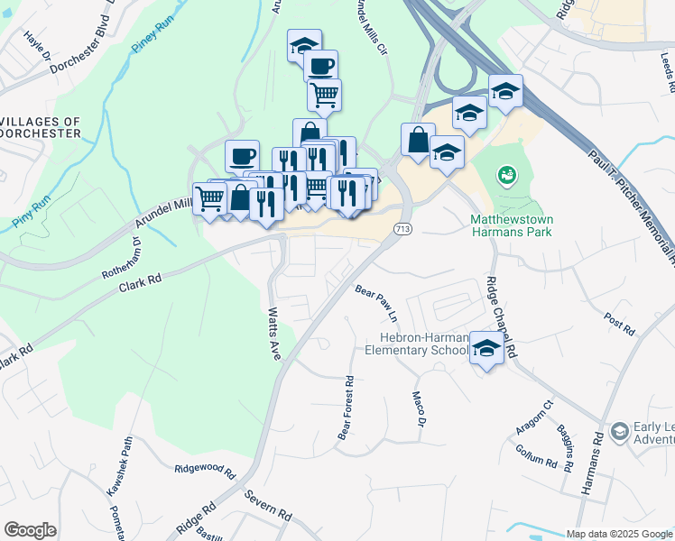 map of restaurants, bars, coffee shops, grocery stores, and more near 1620 Hardwick Court in Hanover