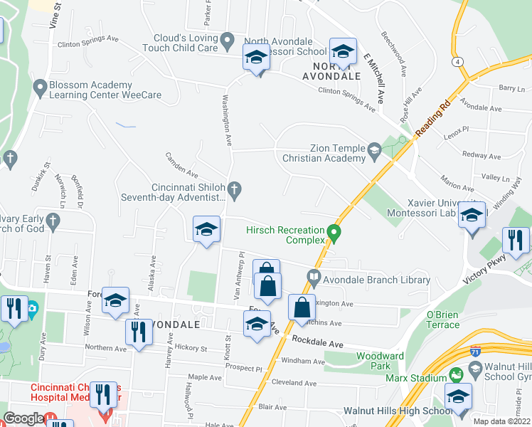 map of restaurants, bars, coffee shops, grocery stores, and more near 652 Gholson Avenue in Cincinnati