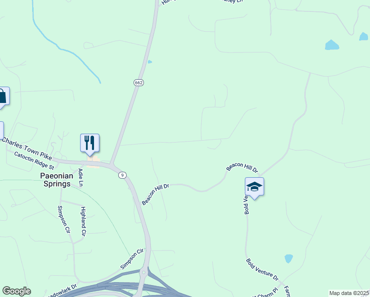 map of restaurants, bars, coffee shops, grocery stores, and more near 40213 Doe Run Lane in Paeonian Springs