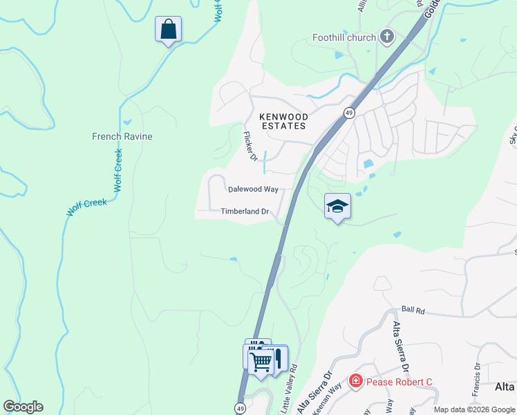 map of restaurants, bars, coffee shops, grocery stores, and more near 10086 Timberland Drive in Grass Valley