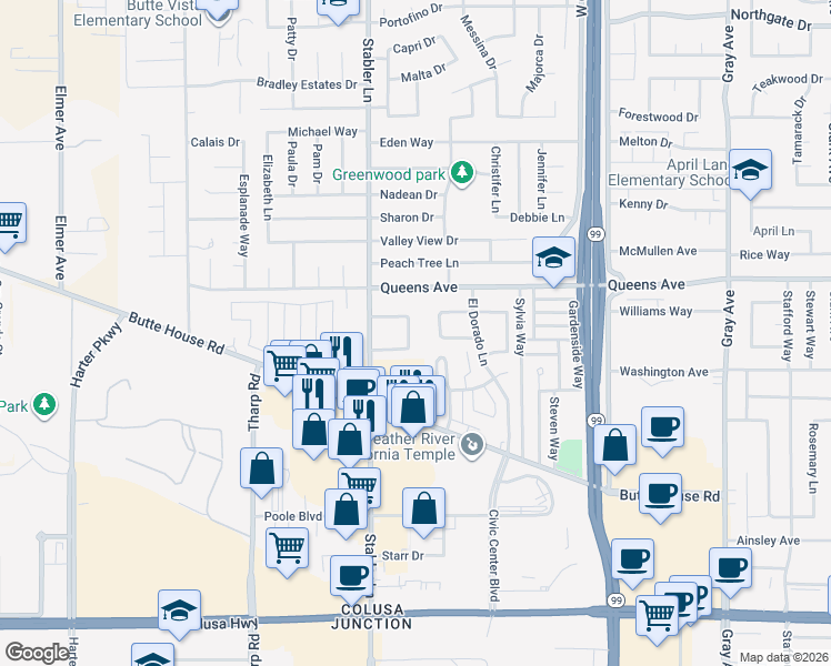 map of restaurants, bars, coffee shops, grocery stores, and more near 1574 Heather Drive in Yuba City