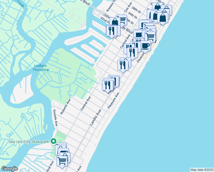map of restaurants, bars, coffee shops, grocery stores, and more near 117 50th Street in Sea Isle City