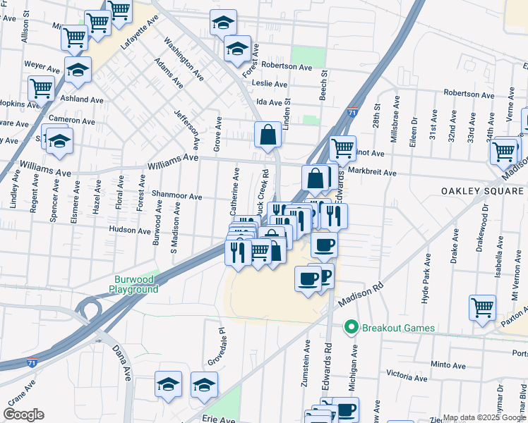 map of restaurants, bars, coffee shops, grocery stores, and more near 2609 Edmondson Road in Cincinnati