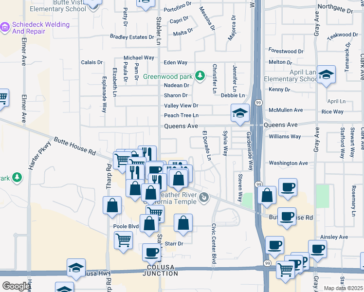 map of restaurants, bars, coffee shops, grocery stores, and more near 1574 Heather Drive in Yuba City