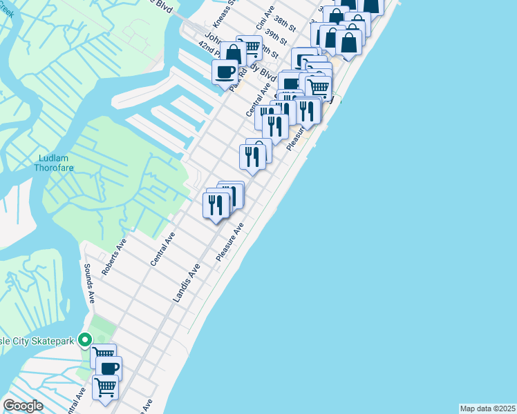 map of restaurants, bars, coffee shops, grocery stores, and more near 10 48th Street in Sea Isle City