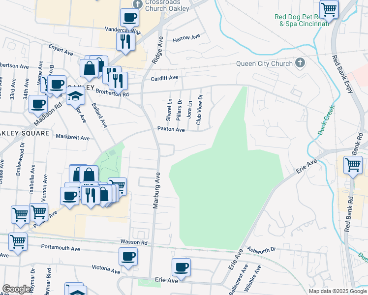 map of restaurants, bars, coffee shops, grocery stores, and more near 3439 South Club Crest Avenue in Cincinnati