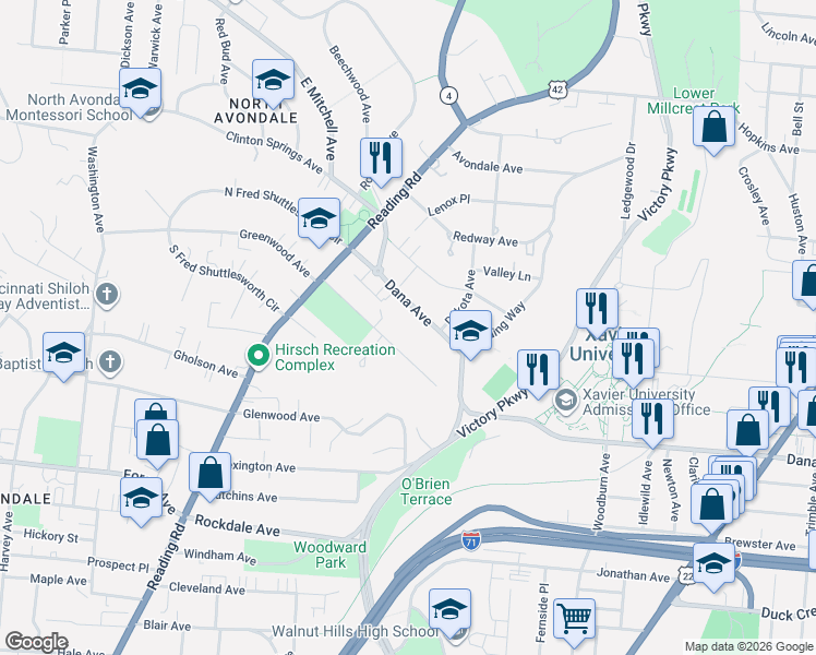 map of restaurants, bars, coffee shops, grocery stores, and more near 995 Dana Avenue in Cincinnati