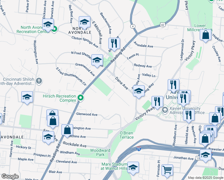 map of restaurants, bars, coffee shops, grocery stores, and more near 968 Burton Avenue in Cincinnati