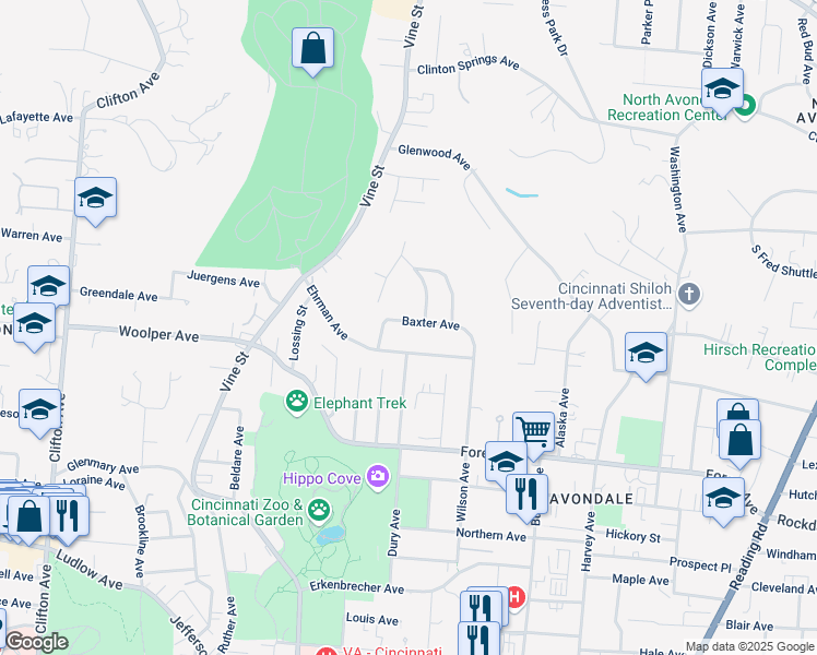 map of restaurants, bars, coffee shops, grocery stores, and more near 209 Baxter Avenue in Cincinnati