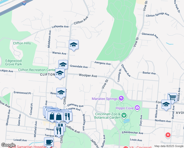 map of restaurants, bars, coffee shops, grocery stores, and more near 179 Woolper Avenue in Cincinnati