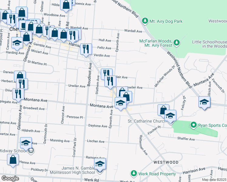 map of restaurants, bars, coffee shops, grocery stores, and more near 3447 Epworth Avenue in Cincinnati
