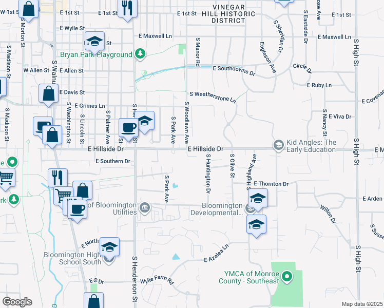 map of restaurants, bars, coffee shops, grocery stores, and more near 962 East Hillside Drive in Bloomington