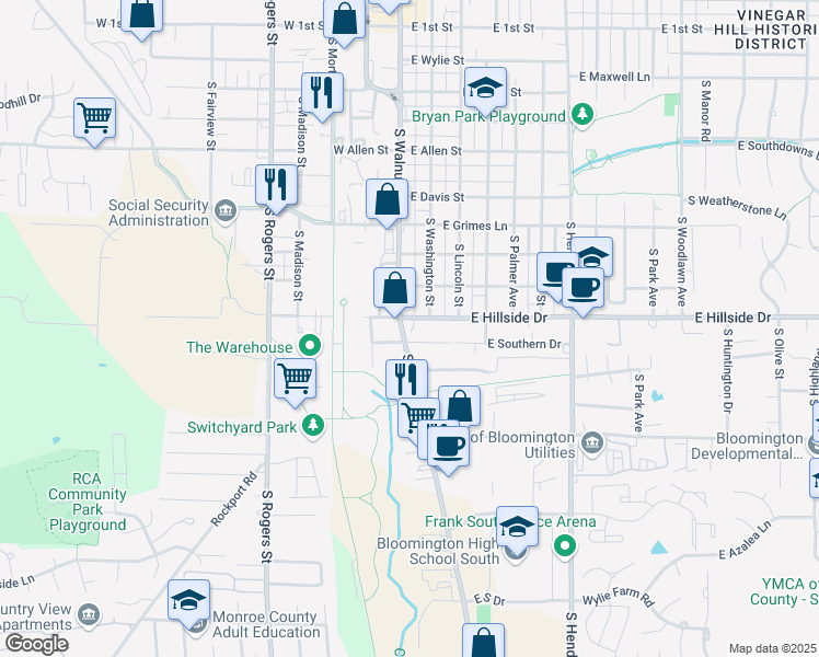 map of restaurants, bars, coffee shops, grocery stores, and more near 1513 South Walnut Street in Bloomington