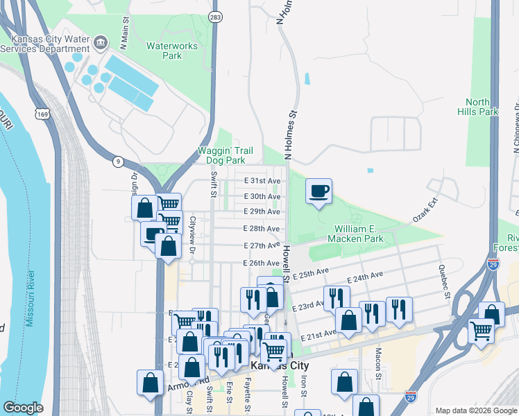 map of restaurants, bars, coffee shops, grocery stores, and more near 603 East 29th Avenue in North Kansas City