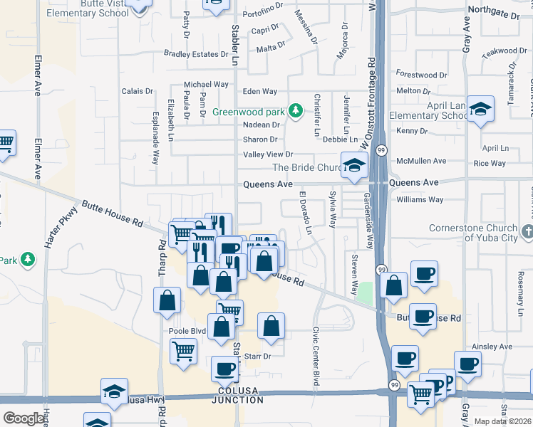 map of restaurants, bars, coffee shops, grocery stores, and more near 1574 Heather Drive in Yuba City