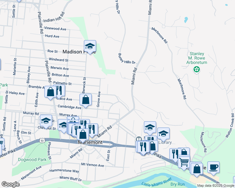 map of restaurants, bars, coffee shops, grocery stores, and more near 6998 Bramble Hill Drive in Cincinnati