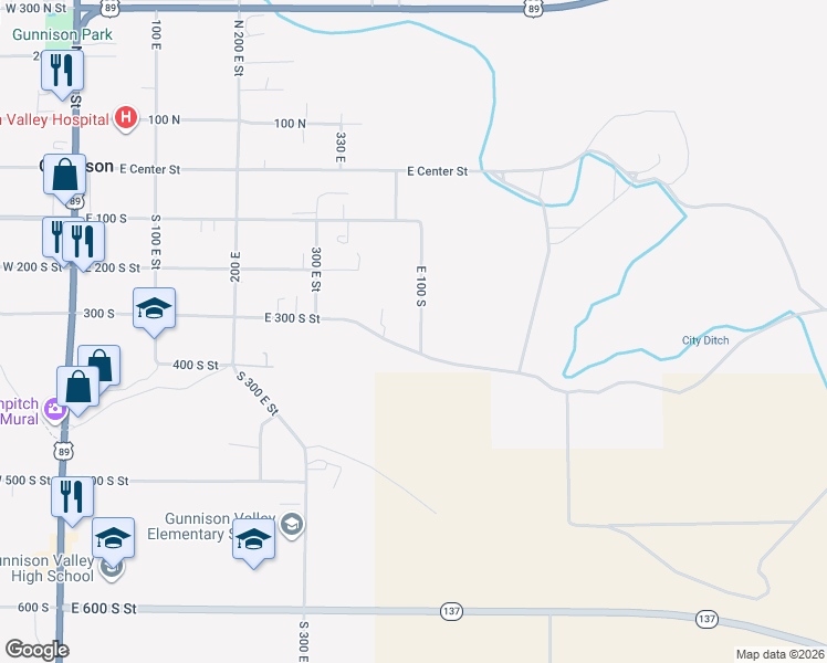 map of restaurants, bars, coffee shops, grocery stores, and more near 395 East 300 South Street in Gunnison