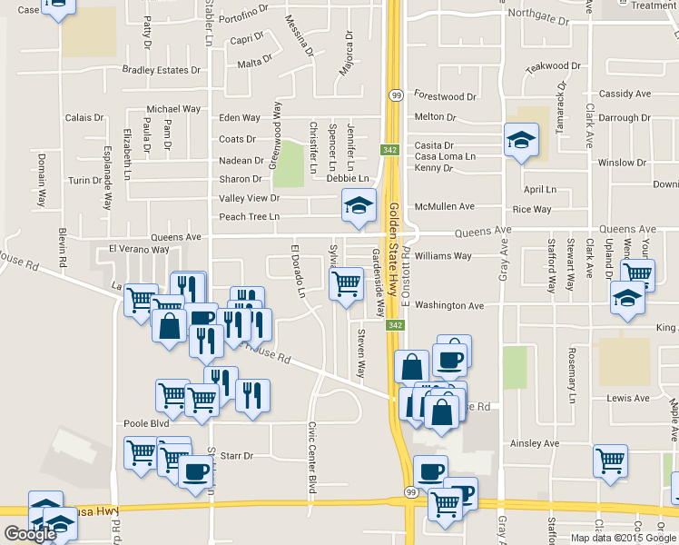 map of restaurants, bars, coffee shops, grocery stores, and more near 1620 Florain Drive in Yuba City