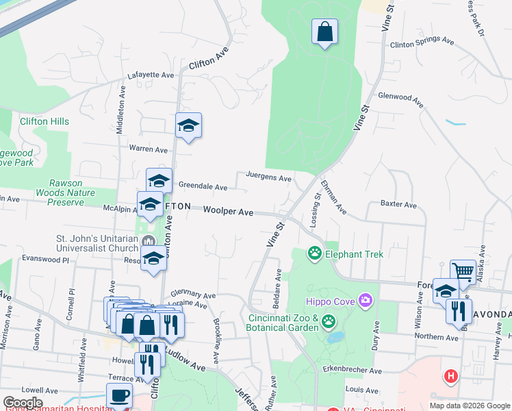 map of restaurants, bars, coffee shops, grocery stores, and more near 142 Woolper Avenue in Cincinnati