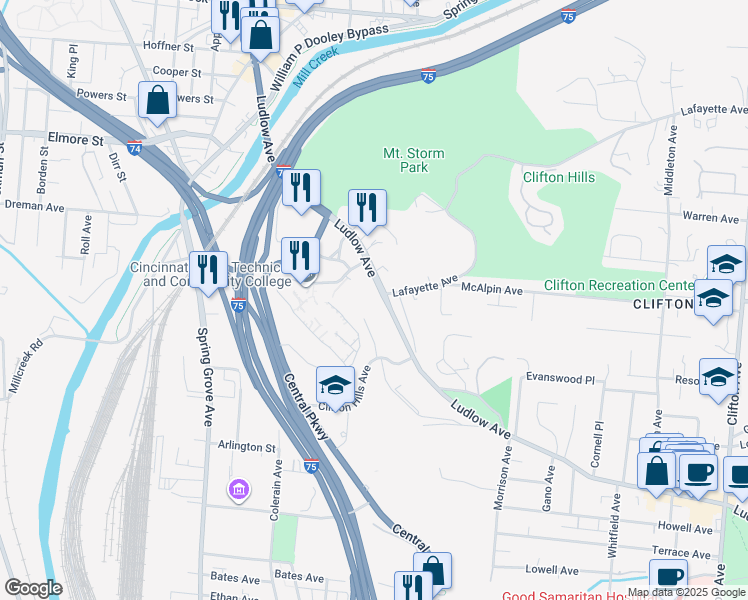 map of restaurants, bars, coffee shops, grocery stores, and more near 877 Ludlow Avenue in Cincinnati
