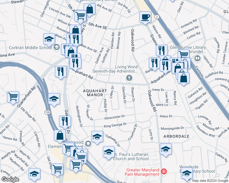 map of restaurants, bars, coffee shops, grocery stores, and more near 1091 Cayer Drive in Glen Burnie