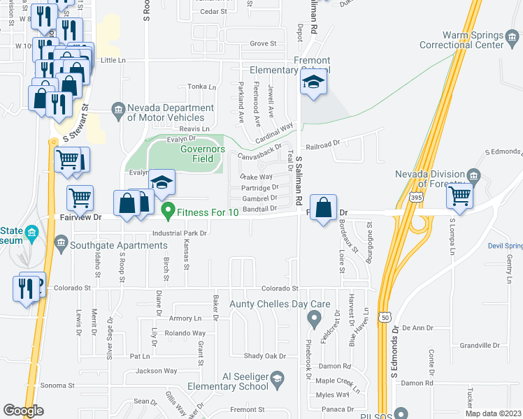 map of restaurants, bars, coffee shops, grocery stores, and more near 598 Bobwhite Drive in Carson City