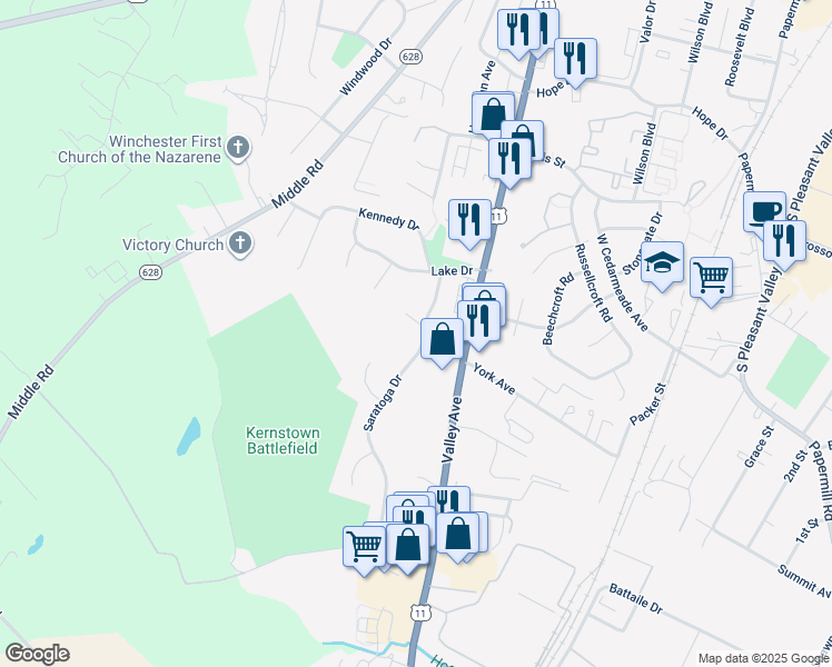 map of restaurants, bars, coffee shops, grocery stores, and more near 601 Dulles Circle in Winchester