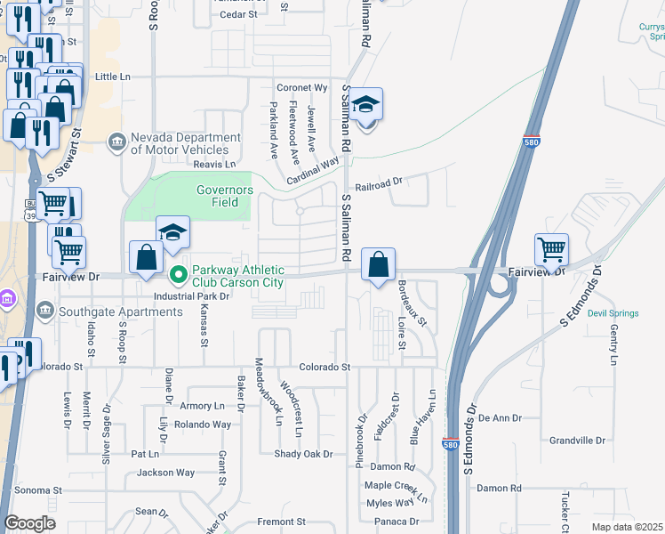 map of restaurants, bars, coffee shops, grocery stores, and more near 1315 Bandtail Drive in Carson City