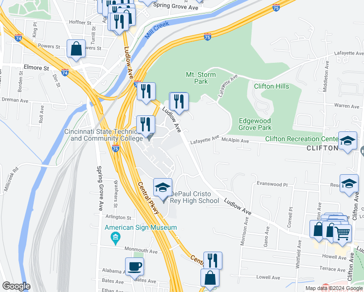 map of restaurants, bars, coffee shops, grocery stores, and more near 877 Ludlow Avenue in Cincinnati