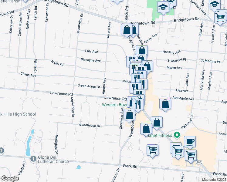 map of restaurants, bars, coffee shops, grocery stores, and more near 5522 Lawrence Road in Cincinnati
