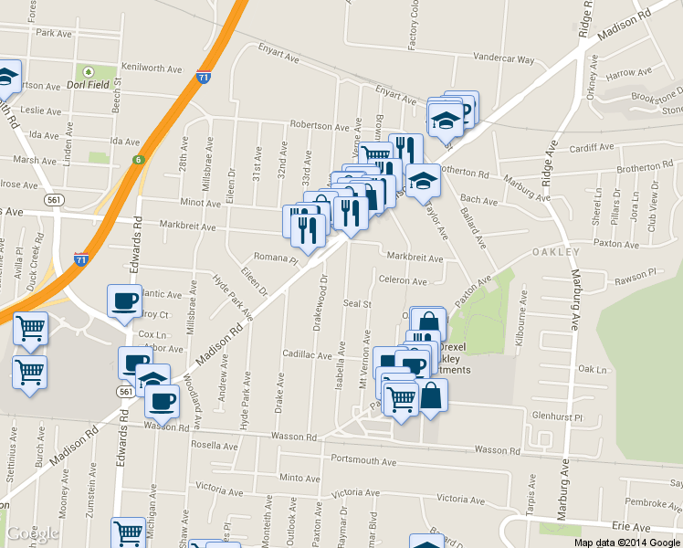 map of restaurants, bars, coffee shops, grocery stores, and more near 3876 Isabella Avenue in Cincinnati
