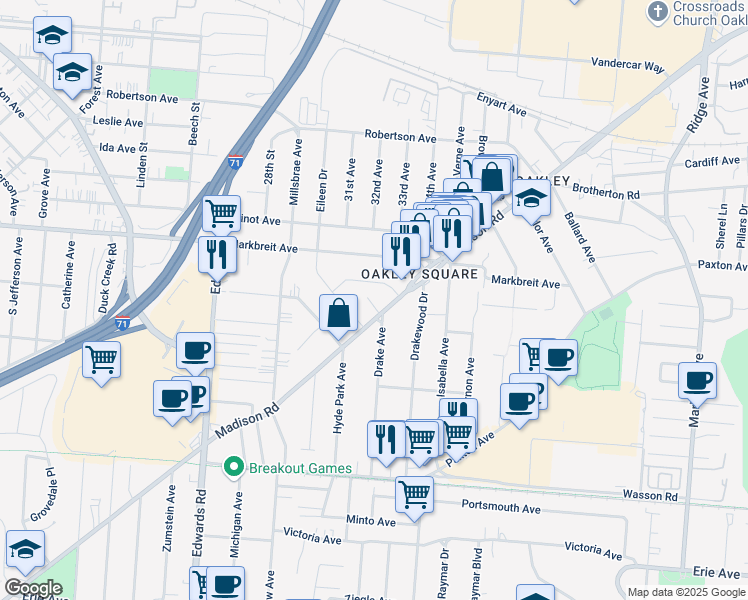 map of restaurants, bars, coffee shops, grocery stores, and more near 2951 Madison Road in Cincinnati