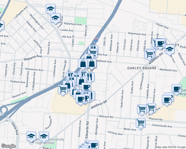 map of restaurants, bars, coffee shops, grocery stores, and more near 3831 Edwards Road in Newtown