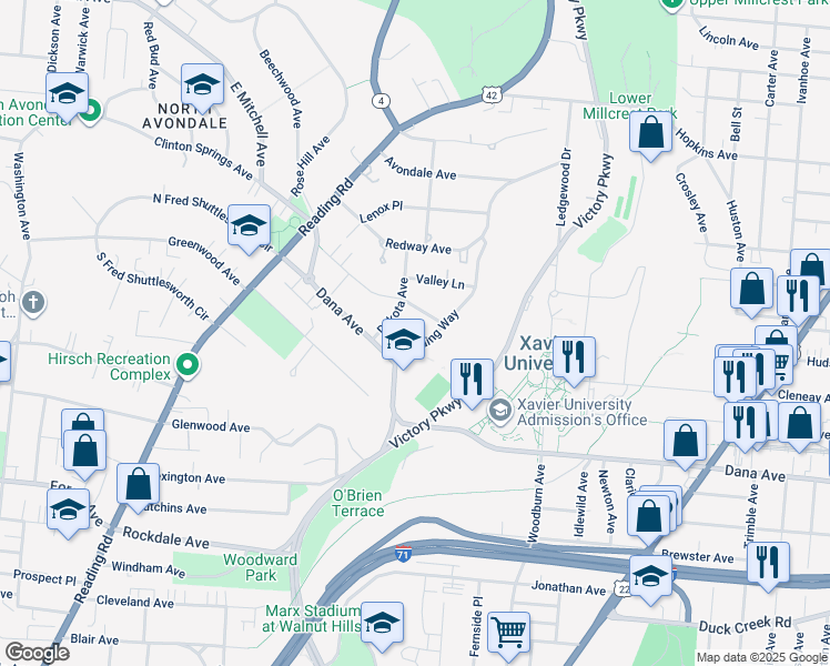 map of restaurants, bars, coffee shops, grocery stores, and more near 3828 Winding Way in Cincinnati