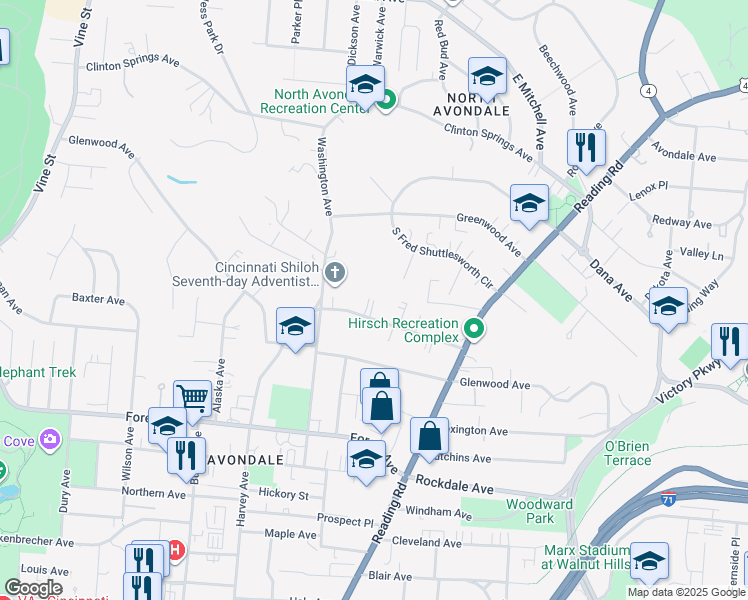 map of restaurants, bars, coffee shops, grocery stores, and more near 652 Gholson Avenue in Cincinnati