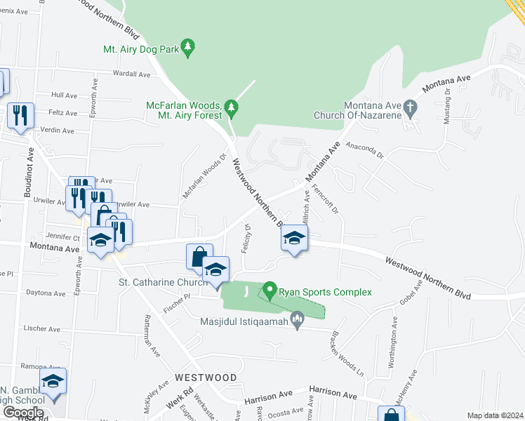map of restaurants, bars, coffee shops, grocery stores, and more near 2797 Montana Avenue in Cincinnati