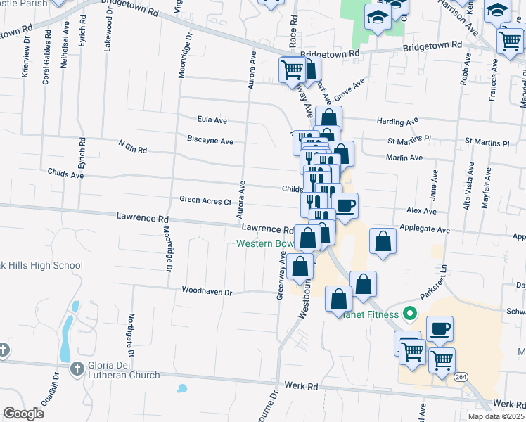 map of restaurants, bars, coffee shops, grocery stores, and more near 5522 Lawrence Road in Cincinnati