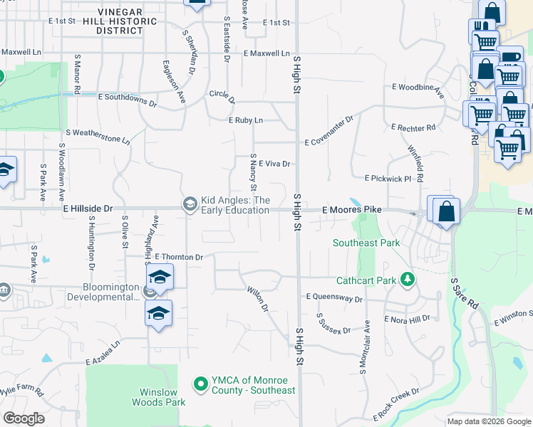 map of restaurants, bars, coffee shops, grocery stores, and more near 1506 South Nancy Street in Bloomington