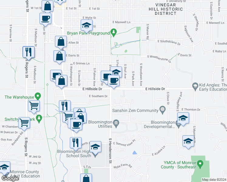 map of restaurants, bars, coffee shops, grocery stores, and more near 606 East Hillside Drive in Bloomington