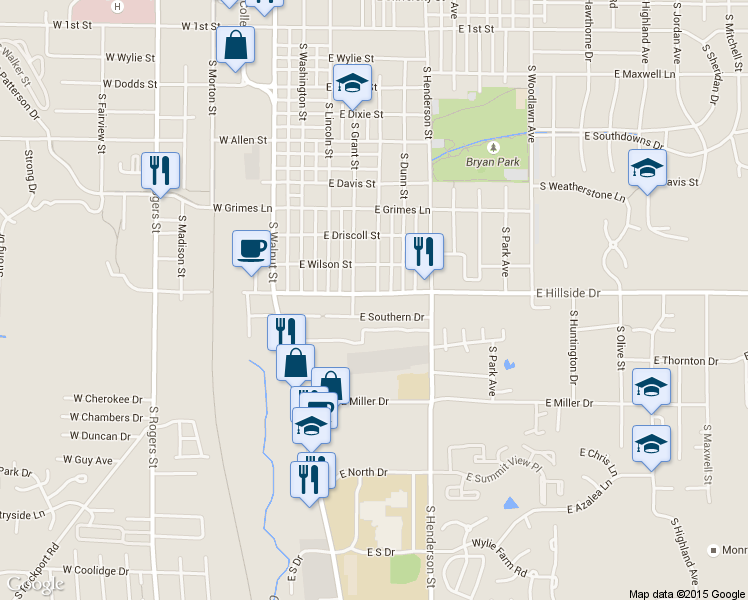 map of restaurants, bars, coffee shops, grocery stores, and more near 425 East Southern Drive in Bloomington