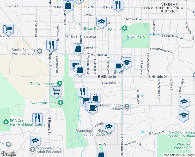 map of restaurants, bars, coffee shops, grocery stores, and more near 1510 South Grant Street in Bloomington