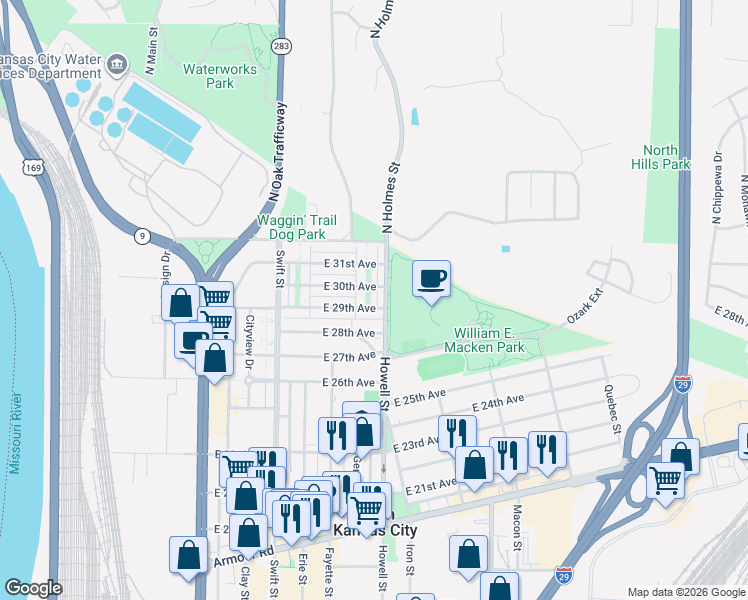 map of restaurants, bars, coffee shops, grocery stores, and more near 603 East 29th Avenue in North Kansas City