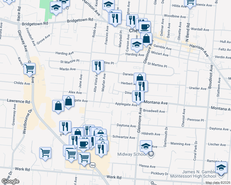 map of restaurants, bars, coffee shops, grocery stores, and more near 3804 Dina Terrace in Cheviot