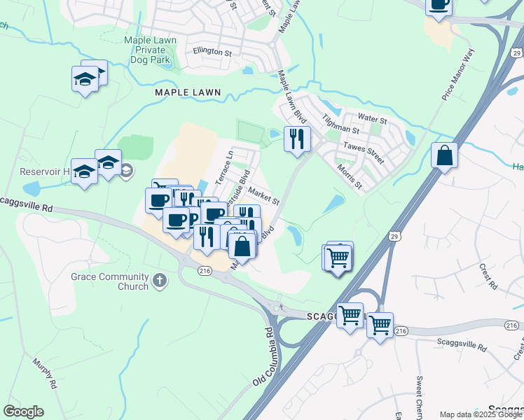 map of restaurants, bars, coffee shops, grocery stores, and more near 8150 Maple Lawn Boulevard in Fulton