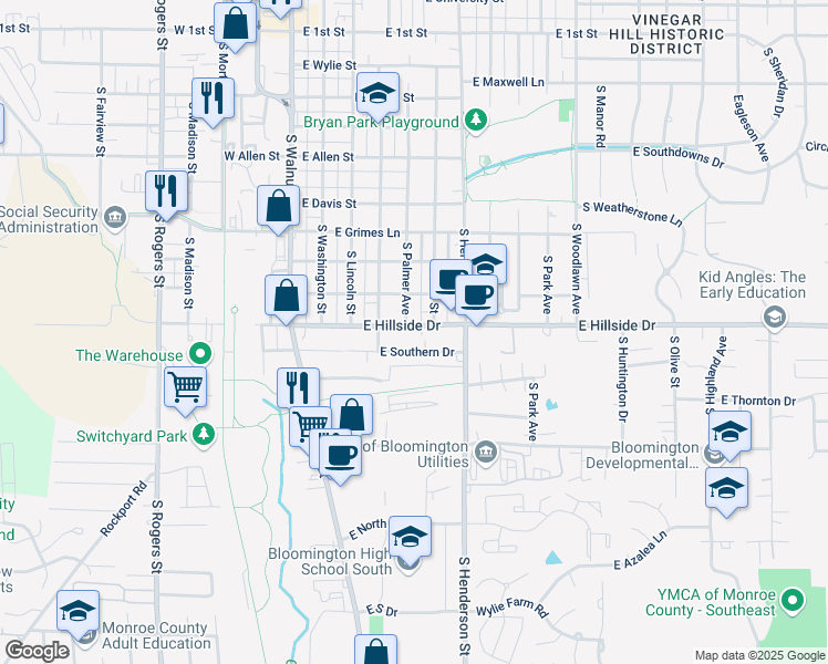 map of restaurants, bars, coffee shops, grocery stores, and more near 416 East Hillside Drive in Bloomington