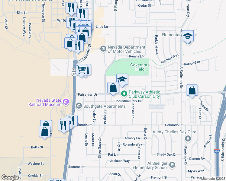 map of restaurants, bars, coffee shops, grocery stores, and more near 1851 South Roop Street in Carson City