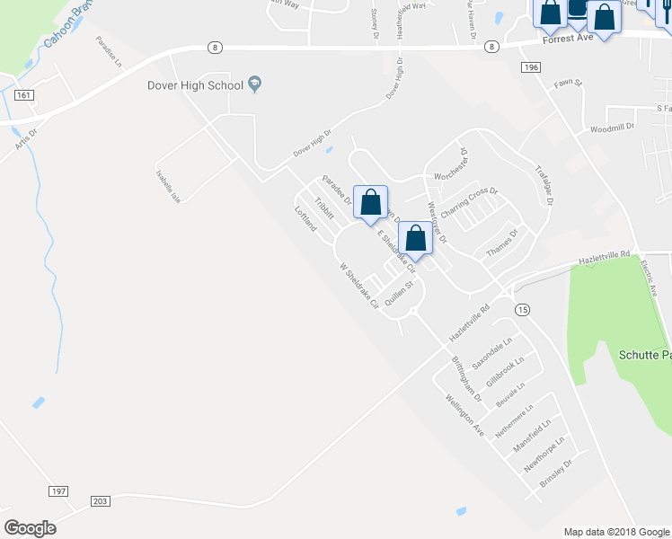 map of restaurants, bars, coffee shops, grocery stores, and more near 164 West Sheldrake Circle in Dover
