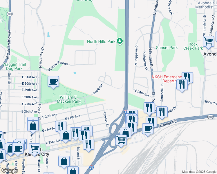 map of restaurants, bars, coffee shops, grocery stores, and more near 1601 Northeast Club House Drive in Kansas City