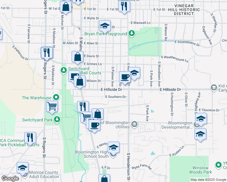map of restaurants, bars, coffee shops, grocery stores, and more near 425 East Southern Drive in Bloomington