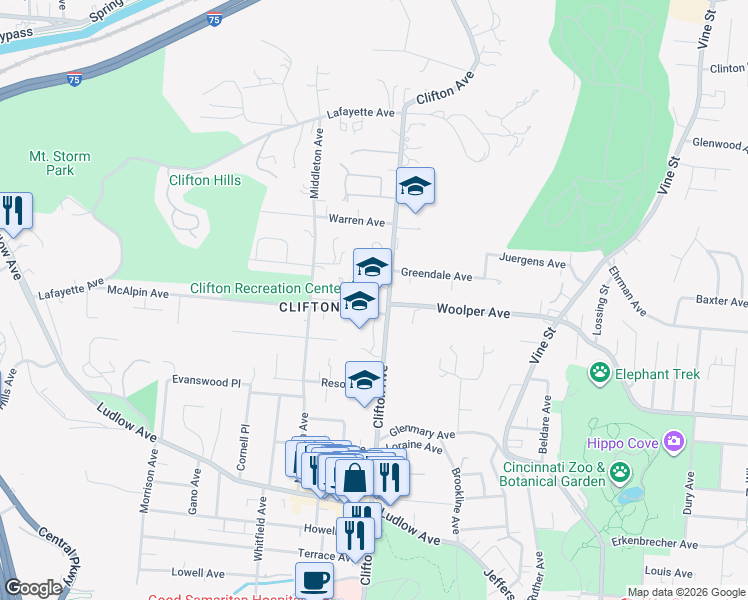 map of restaurants, bars, coffee shops, grocery stores, and more near 3711 Clifton Avenue in Cincinnati